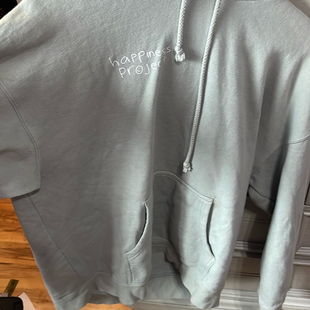 Happiness Project sage green hoodie.